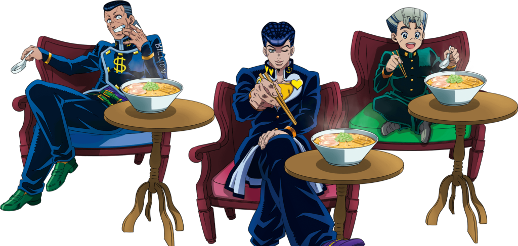 Okuyasu, Josuke, and Koichi eating ramen